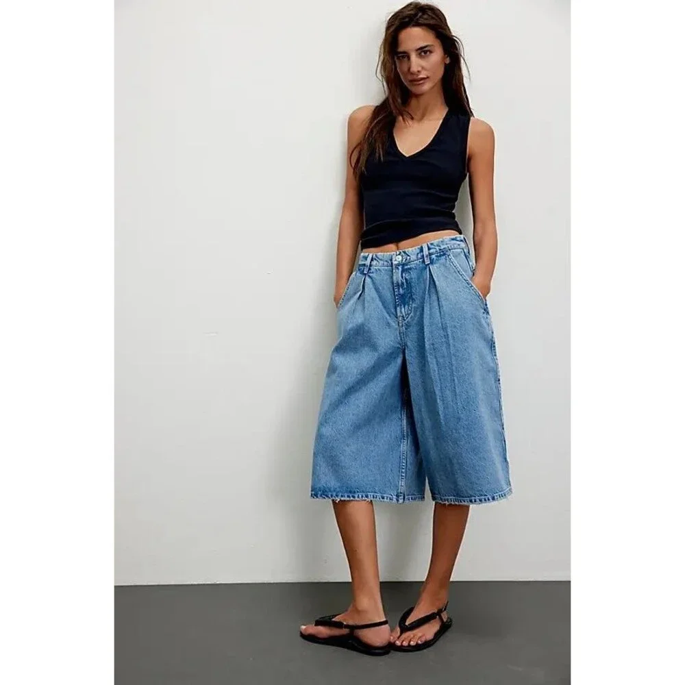 FREE PEOPLE Women’s Crvy Antonia Culotte Wide Leg Pleated Crop Jeans size 28 NWT